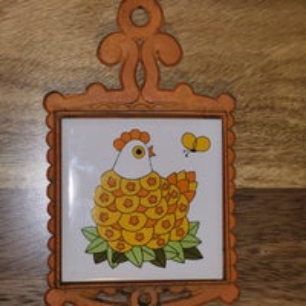 Vintage 1970's Cast Iron Orange Hen Ceramic Tile Trivet